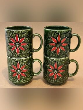Vintage MCM Enesco Japan Stackable Coffee Cups Dark Green Poinsettia Set of 4